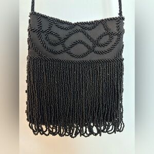 Vintage Black Beaded Fringe Crossbody Evening Bag | Handmade Hong Kong
